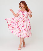 Unique Vintage Plus Size Pink Floral Button Front Swing Dress - Unique Vintage - Womens, DRESSES, SWING