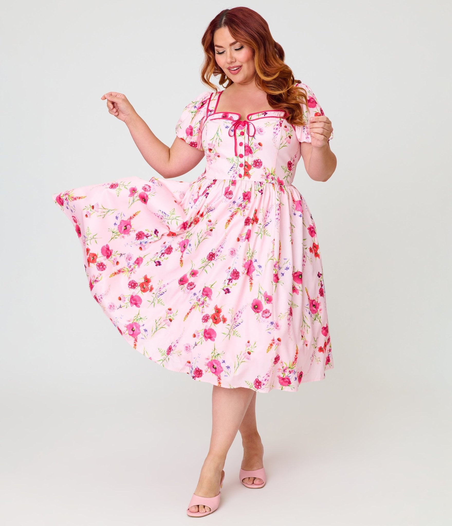 Unique Vintage Plus Size Pink Floral Button Front Swing Dress - Unique Vintage - Womens, DRESSES, SWING