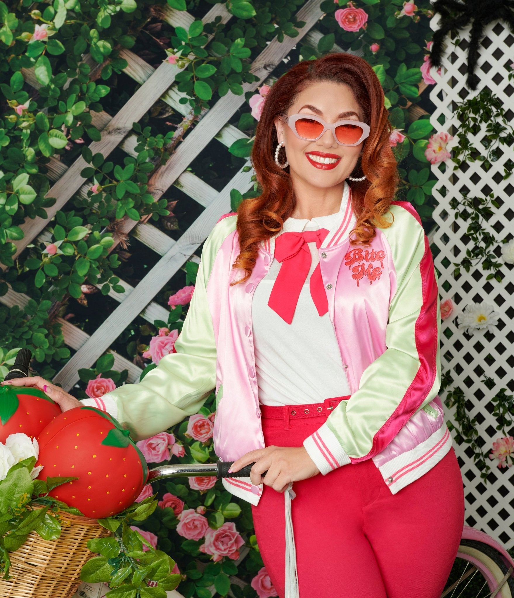 Unique Vintage Plus Size Pink & Green Bite Me Satin Bomber Jacket - Unique Vintage - Womens, TOPS, OUTERWEAR