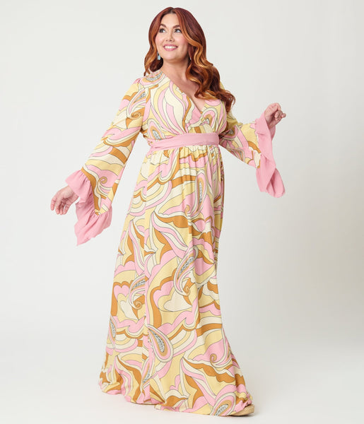 maxi pink plus size dresses Unique Vintage Plus Size Pink Paisley Maxi Dress