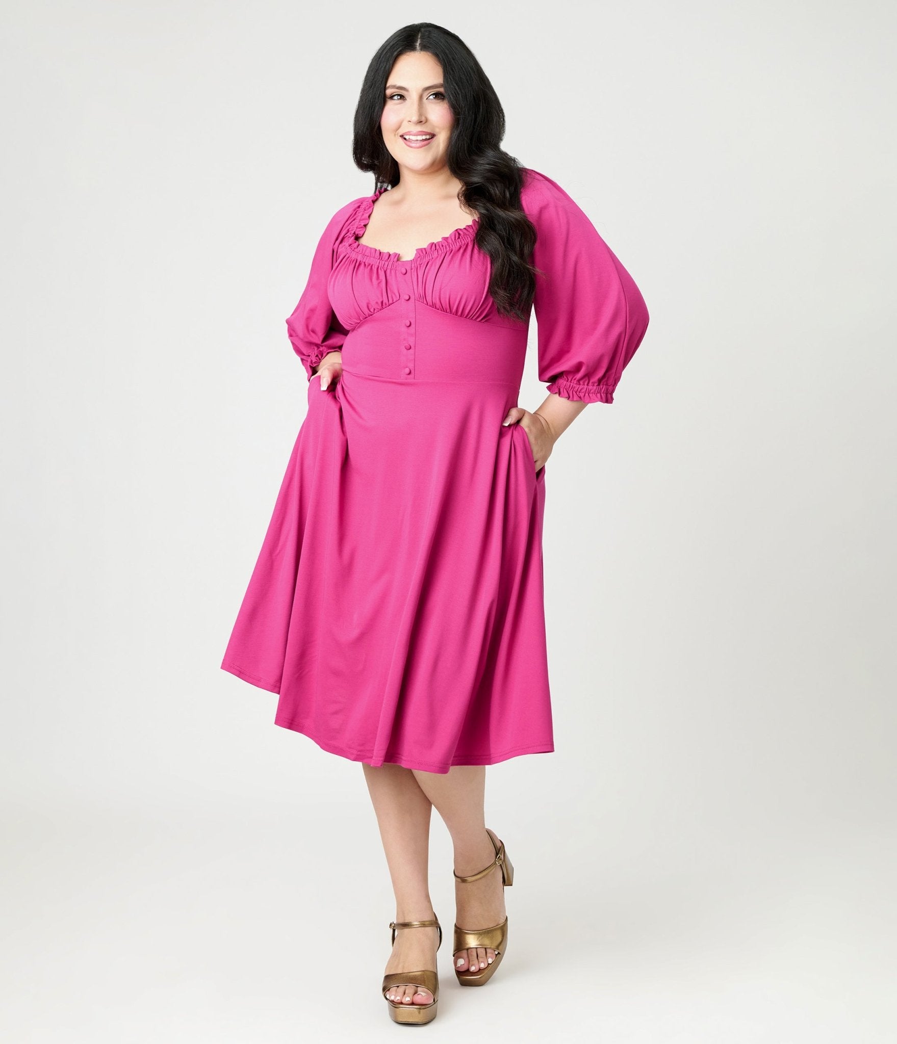 Unique Vintage Plus Size Pink Peasant Sleeve Swing Dress - Unique Vintage - Womens, BOTTOMS, SKIRTS