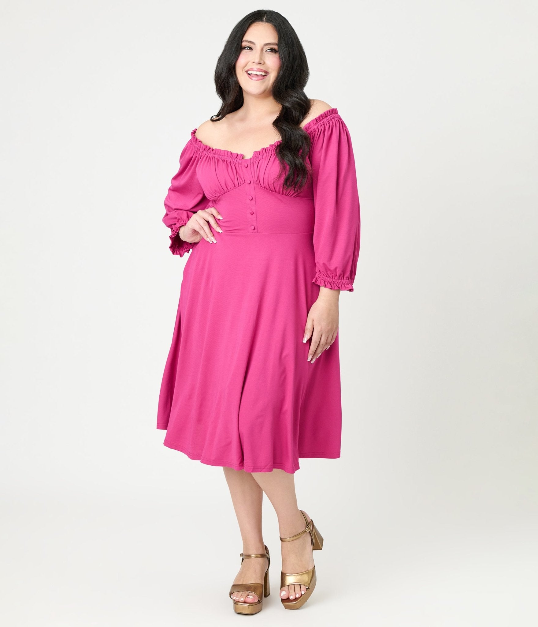 Unique Vintage Plus Size Pink Peasant Sleeve Swing Dress - Unique Vintage - Womens, BOTTOMS, SKIRTS