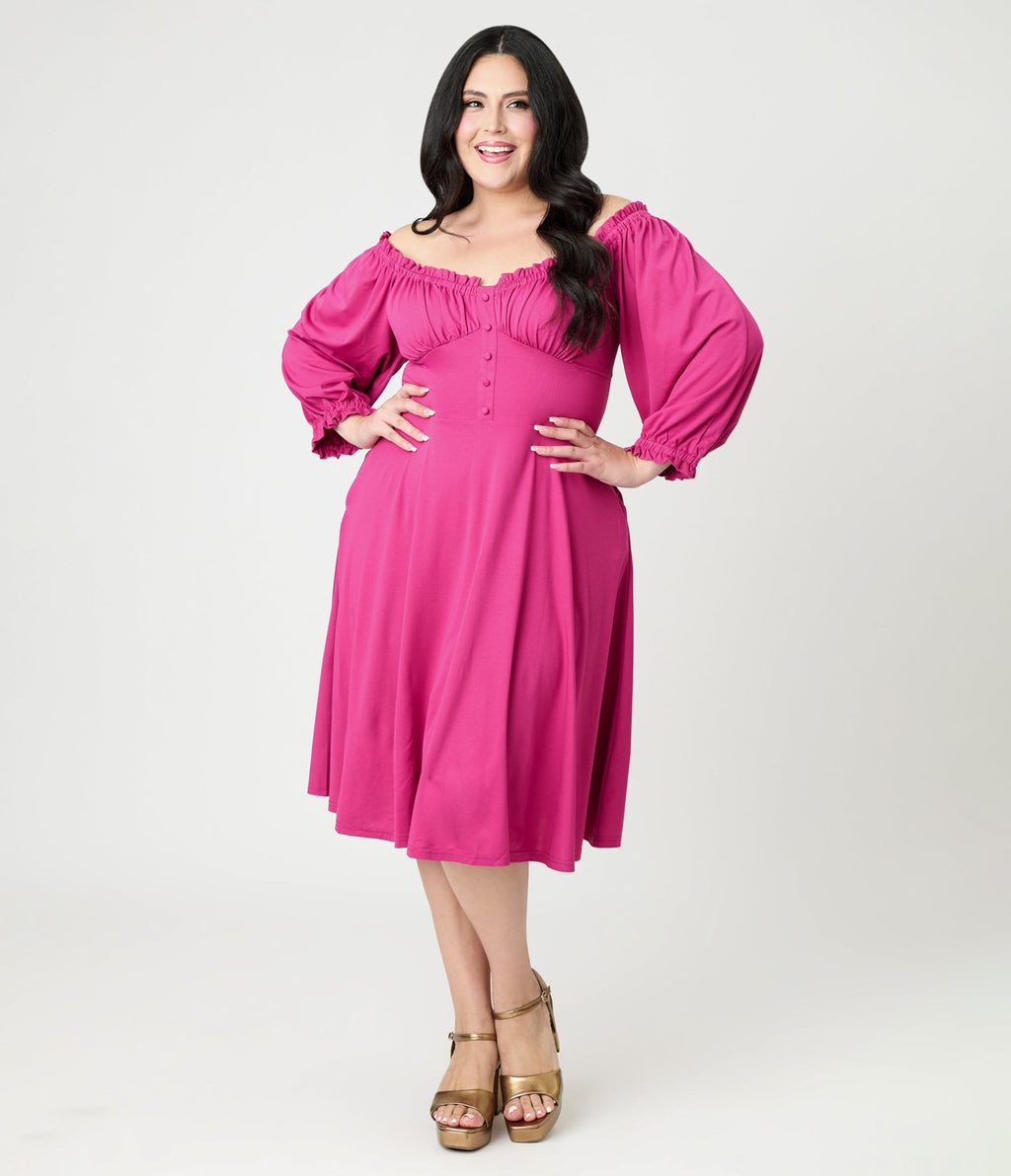Unique Vintage Plus Size Pink Peasant Sleeve Swing Dress