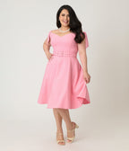 Unique Vintage Plus Size Pink Pin Dot Off The Shoulder Prairie Swing Dress - Unique Vintage - Womens, DRESSES, SWING