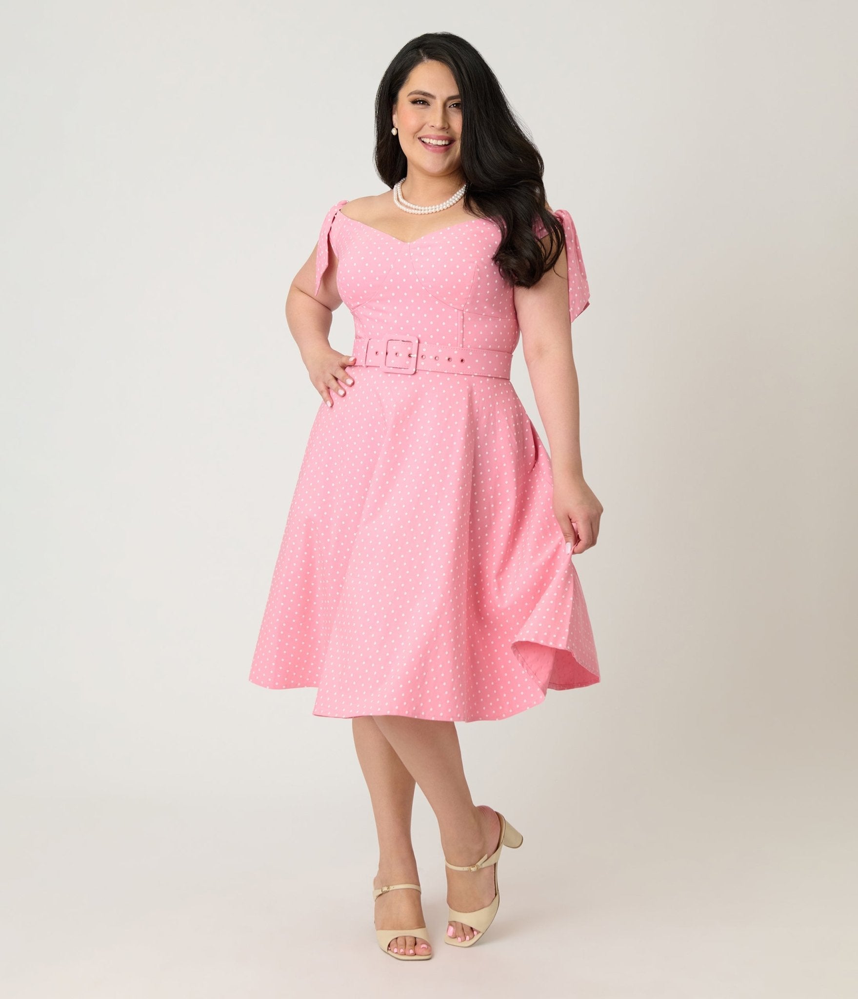 Unique Vintage Plus Size Pink Pin Dot Off The Shoulder Prairie Swing D