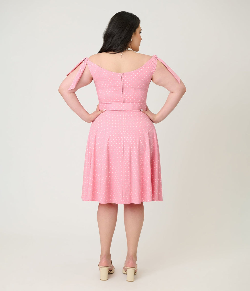 Unique Vintage Plus Size Pink Pin Dot Off The Shoulder Prairie Swing Dress - Unique Vintage - Womens, DRESSES, SWING