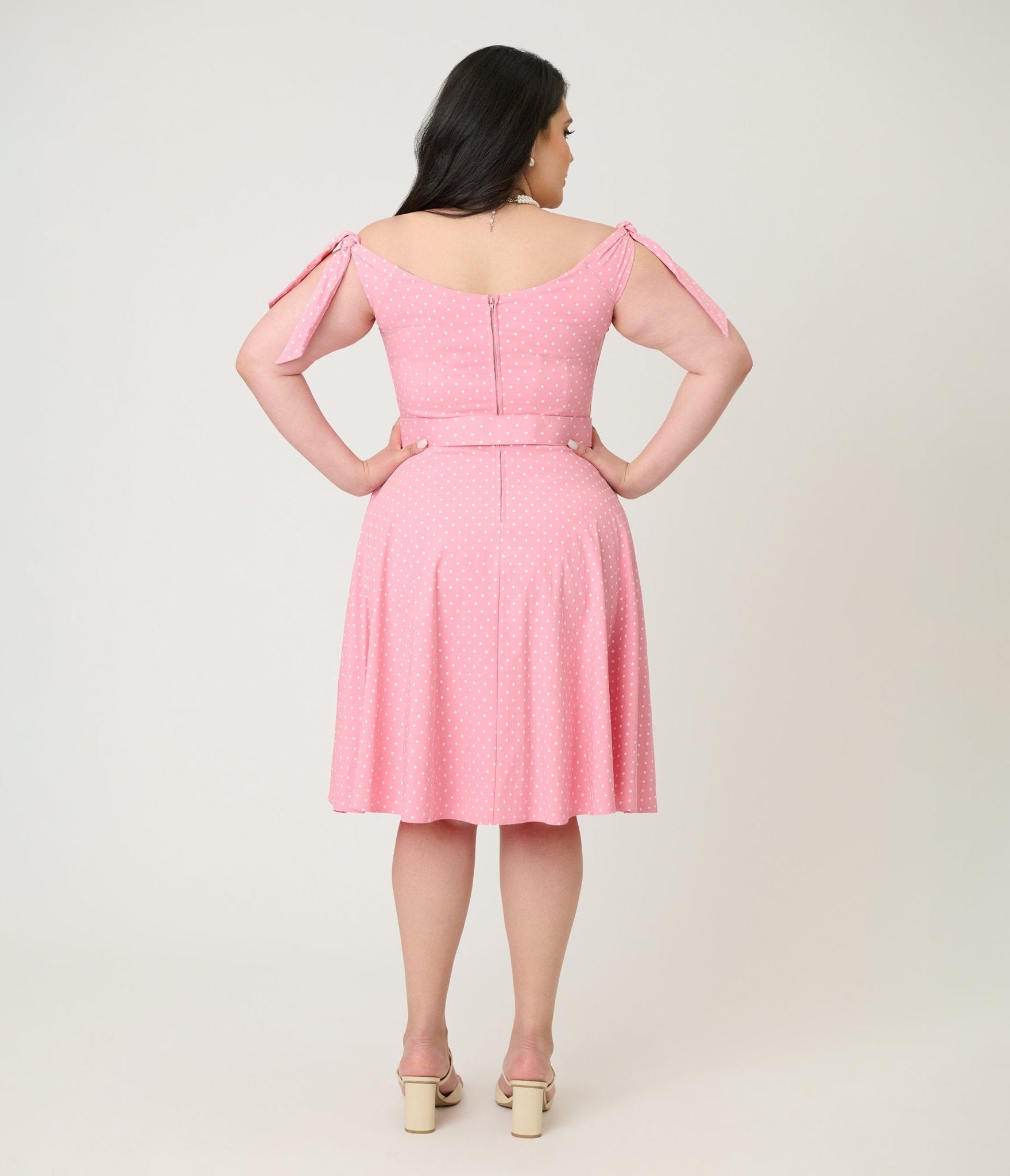 Unique Vintage Plus Size Pink Pin Dot Off The Shoulder Prairie Swing Dress - Unique Vintage - Womens, DRESSES, SWING