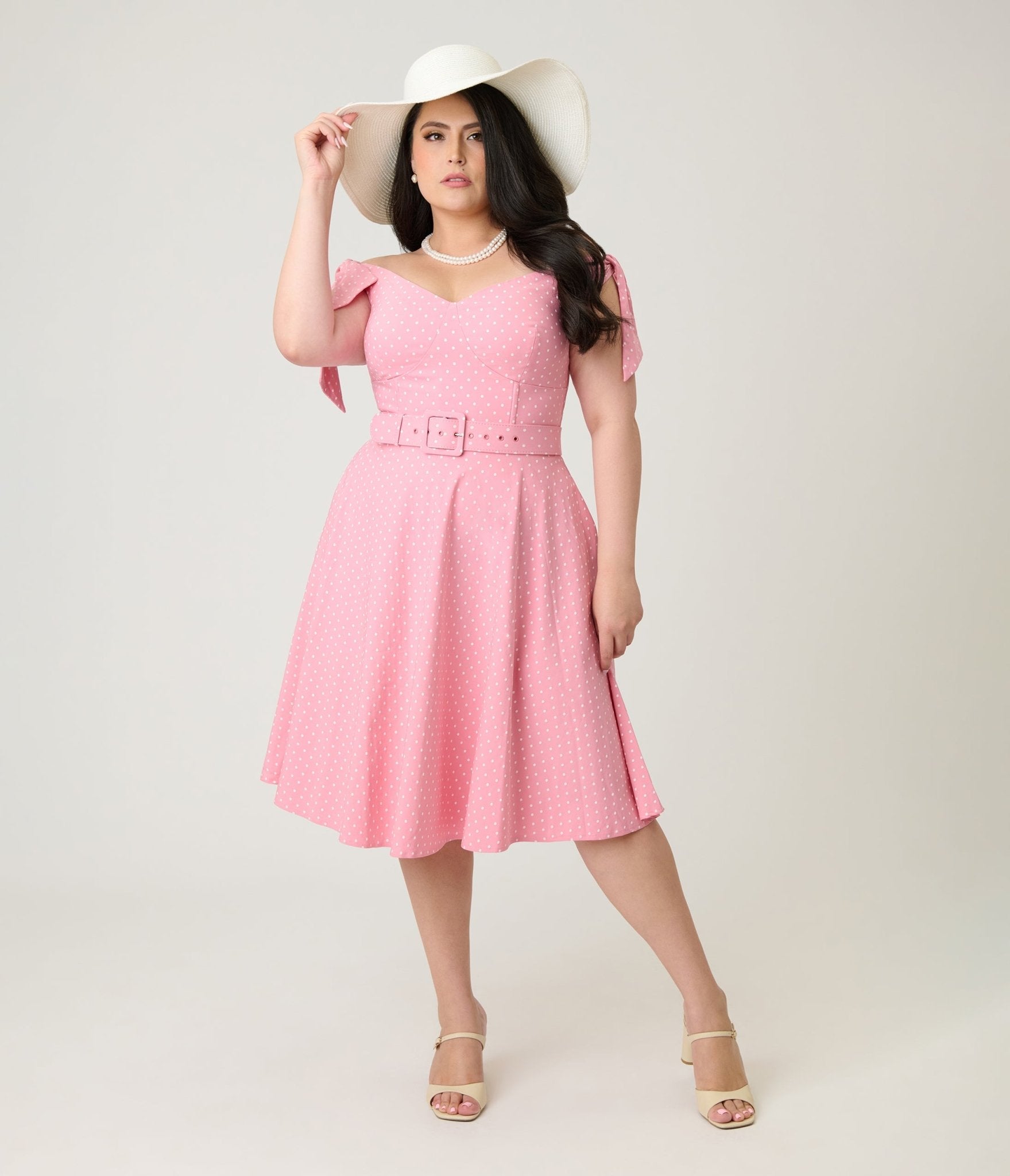 Unique Vintage Plus Size Pink Pin Dot Off The Shoulder Prairie Swing Dress - Unique Vintage - Womens, DRESSES, SWING