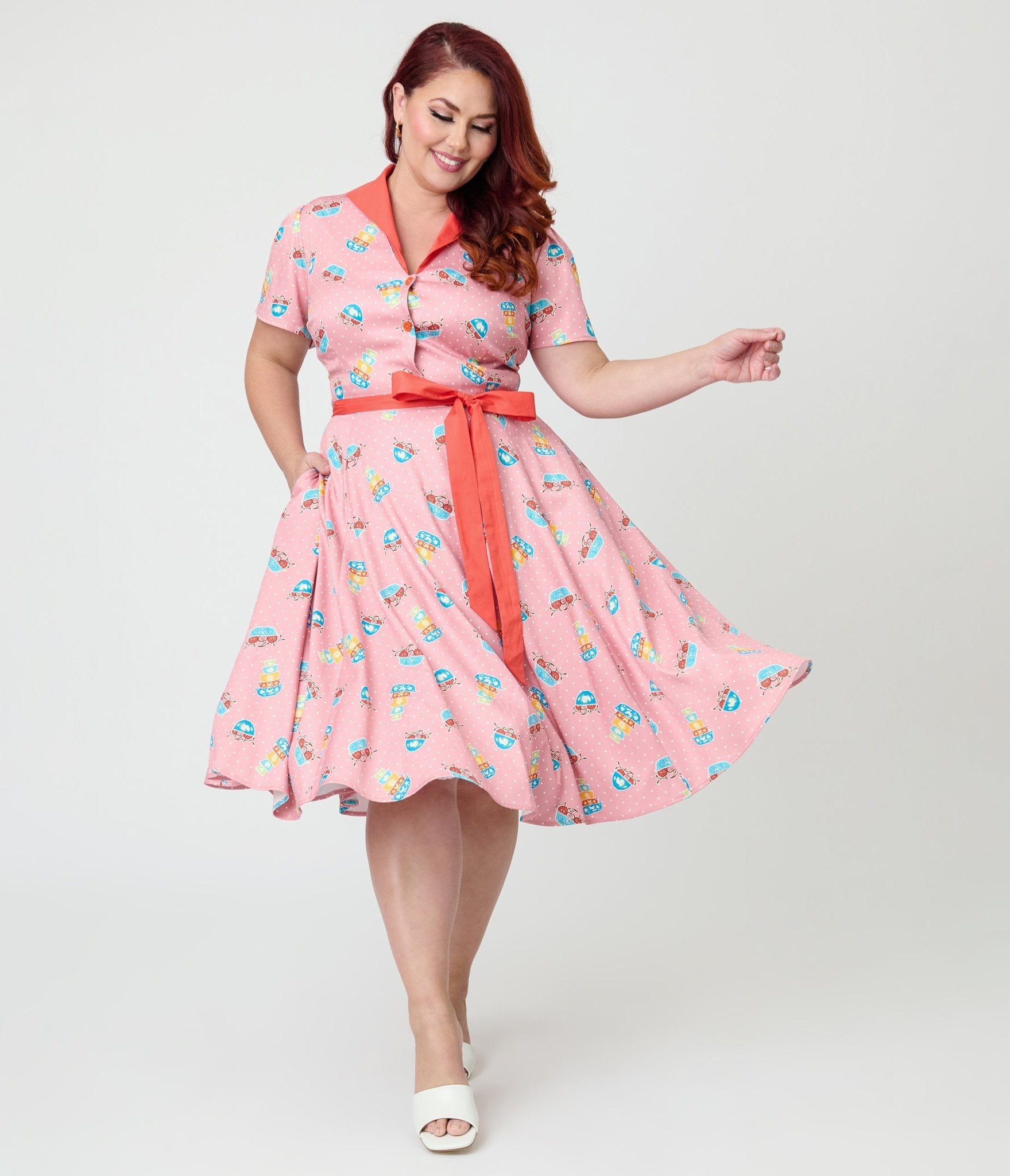 Unique Vintage Plus Size Pink Pyrex Print Cotton Shirt Dress