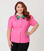 Unique Vintage Plus Size Pink & Rainbow Butterfly Collar Cotton Blouse - Unique Vintage - Womens, TOPS, WOVEN TOPS