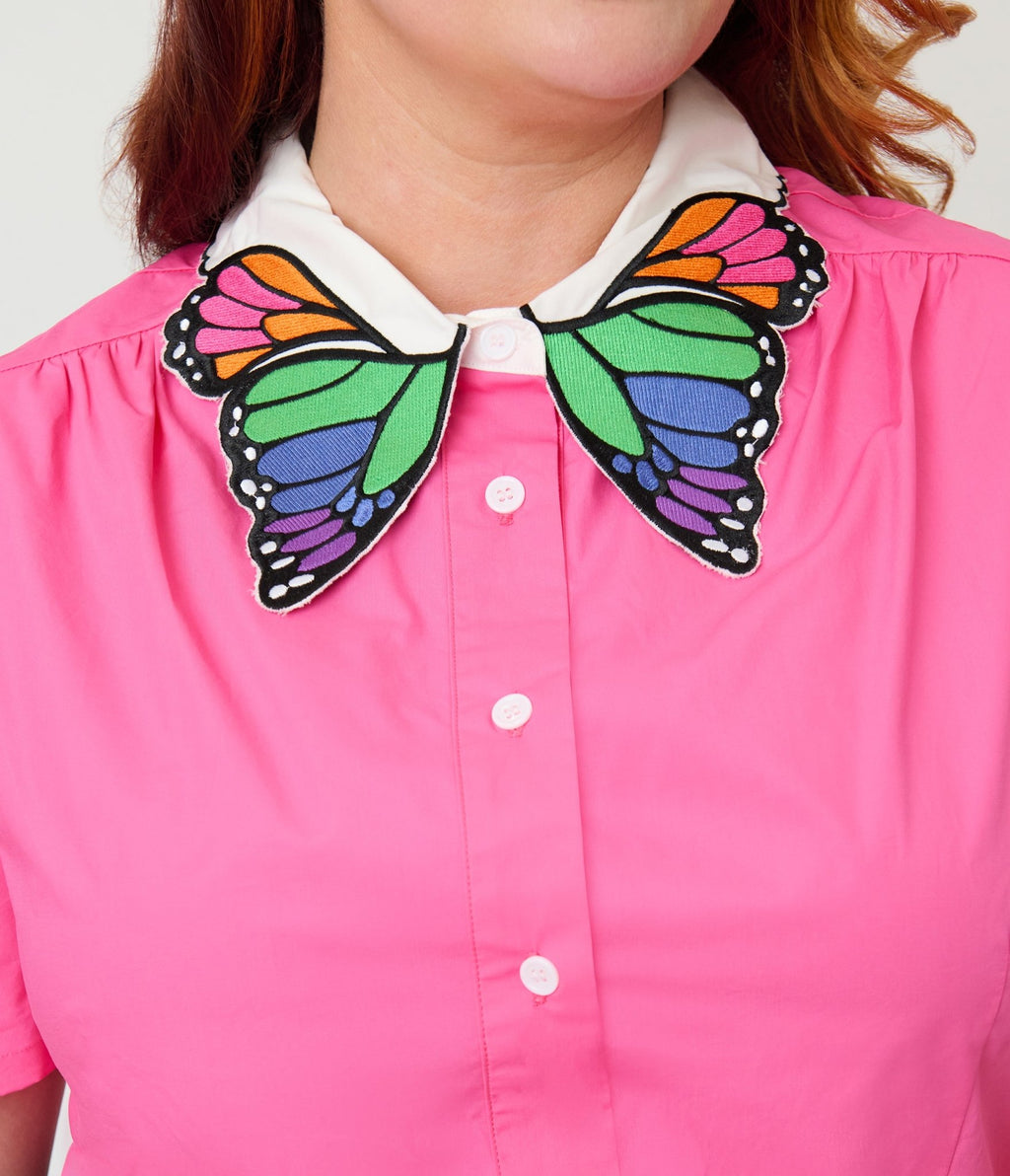 Unique Vintage Plus Size Pink & Rainbow Butterfly Collar Cotton Blouse - Unique Vintage - Womens, TOPS, WOVEN TOPS