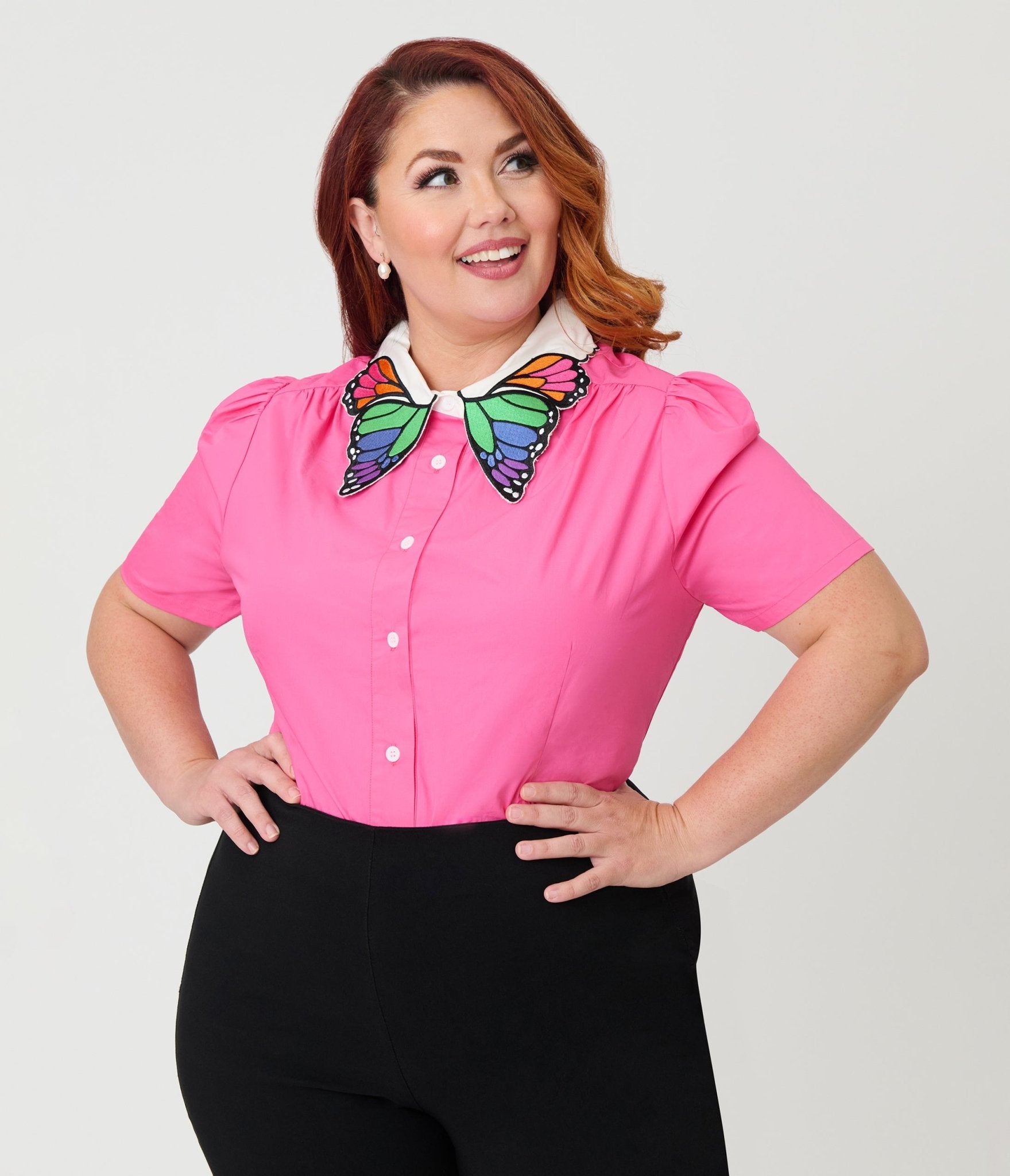 Unique Vintage Plus Size Pink & Rainbow Butterfly Collar Cotton Blouse - Unique Vintage - Womens, TOPS, WOVEN TOPS