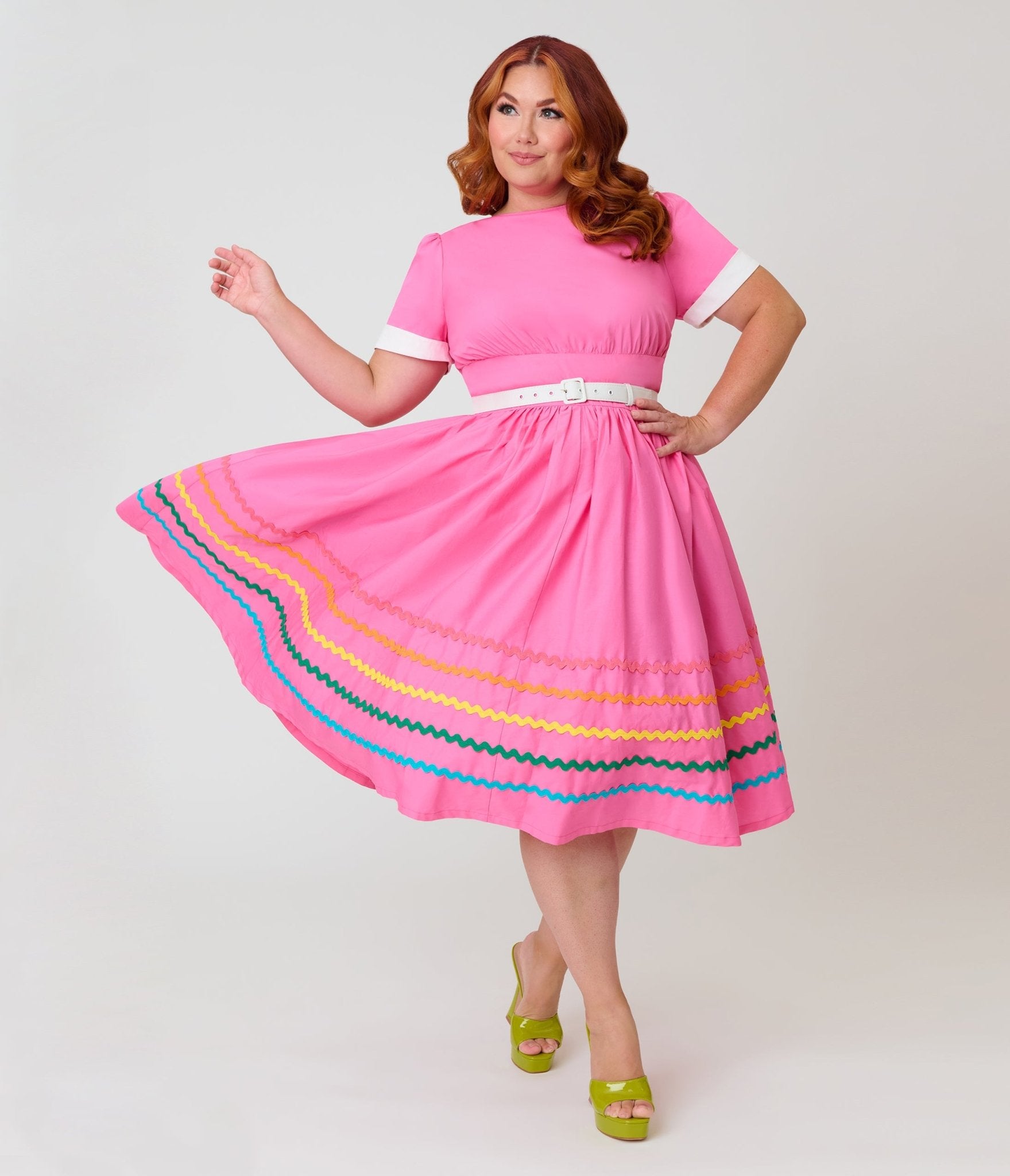 Unique Vintage Plus Size Pink & Rainbow Cotton Swing Dress - Unique Vintage - Womens, DRESSES, SWING