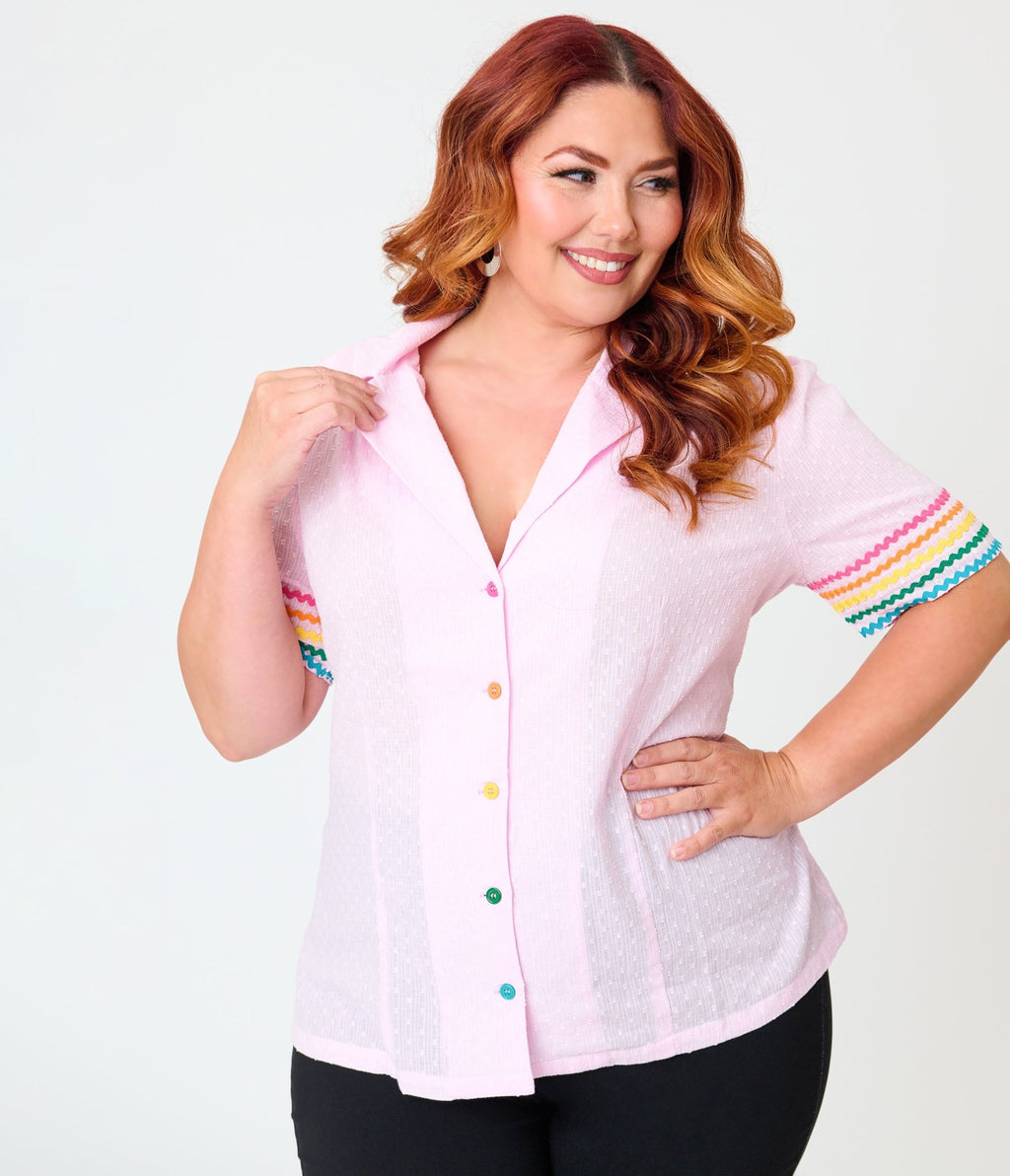Unique Vintage Plus Size Pink & Rainbow Trim Cotton Blouse - Unique Vintage - Womens, TOPS, WOVEN TOPS