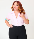 Unique Vintage Plus Size Pink & Rainbow Trim Cotton Blouse - Unique Vintage - Womens, TOPS, WOVEN TOPS