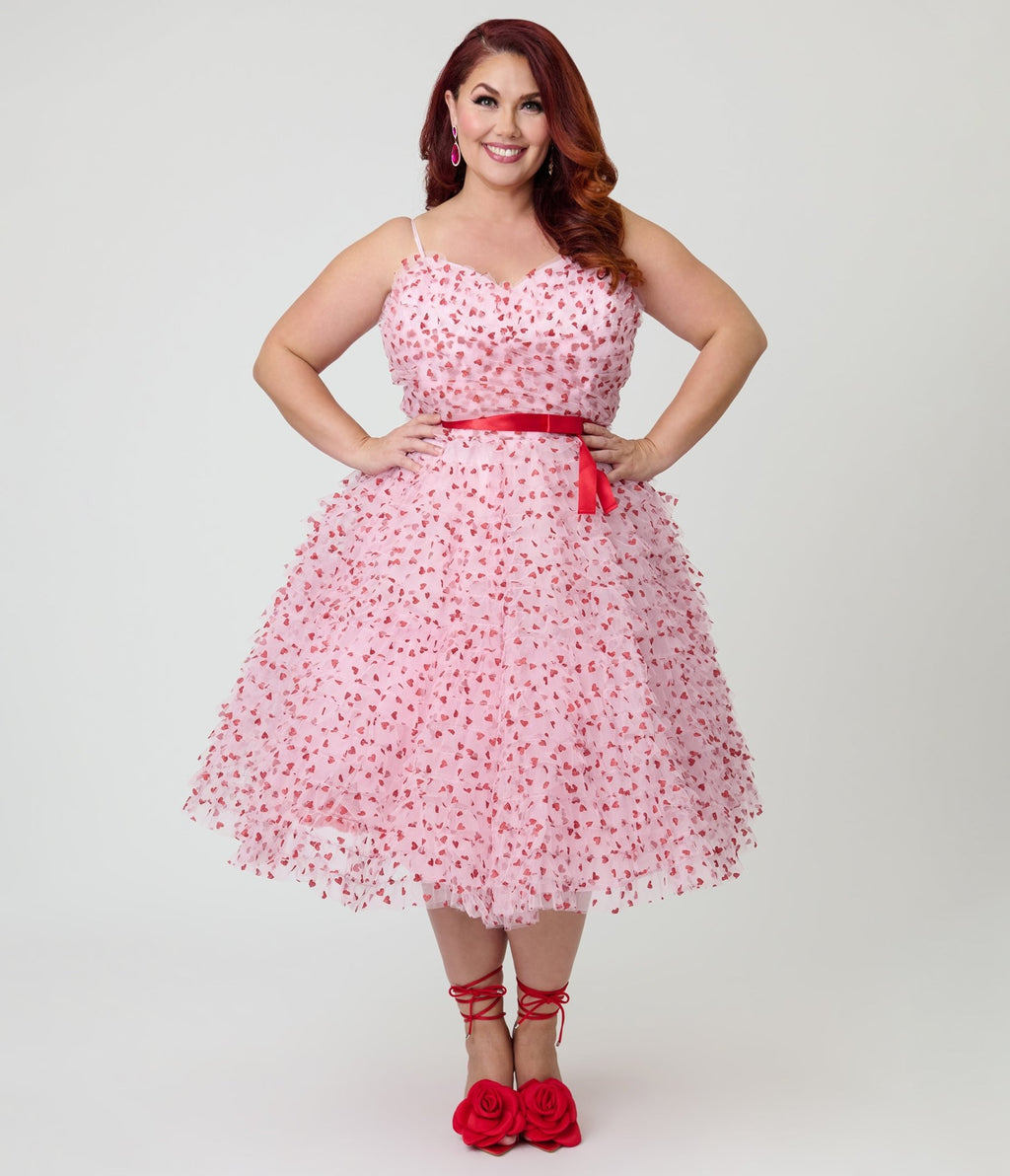 Unique Vintage Plus Size Pink & Red Glitter Heart Tulle Cupcake Swing Dress - Unique Vintage - Womens, DRESSES, PROM AND SPECIAL OCCASION