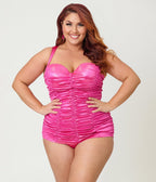 Unique Vintage Plus Size Pink Shimmer Mansfield Halter One Piece Swimsuit - Unique Vintage - Womens, SWIM, 1 PC