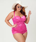 Unique Vintage Plus Size Pink Shimmer Mansfield Halter One Piece Swimsuit - Unique Vintage - Womens, SWIM, 1 PC