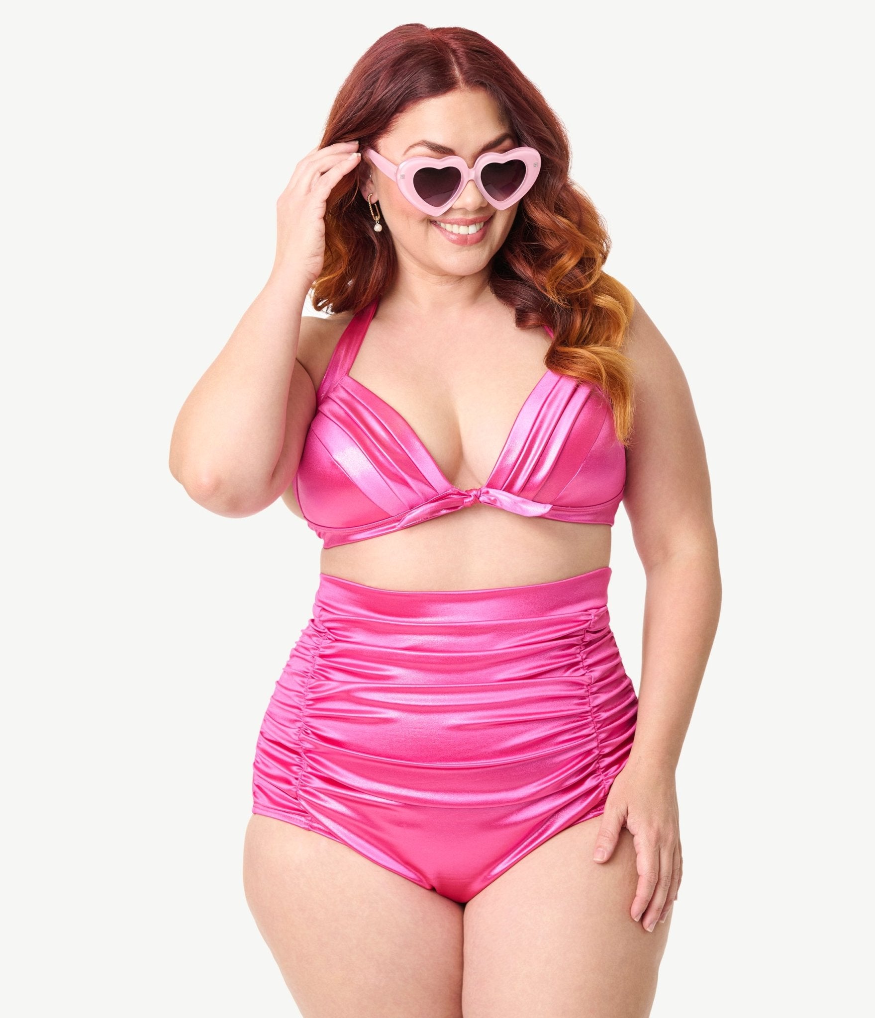 Unique Vintage Plus Size Pink Shimmer Monroe Halter Swim Top - Unique Vintage - Womens, SWIM, TOP