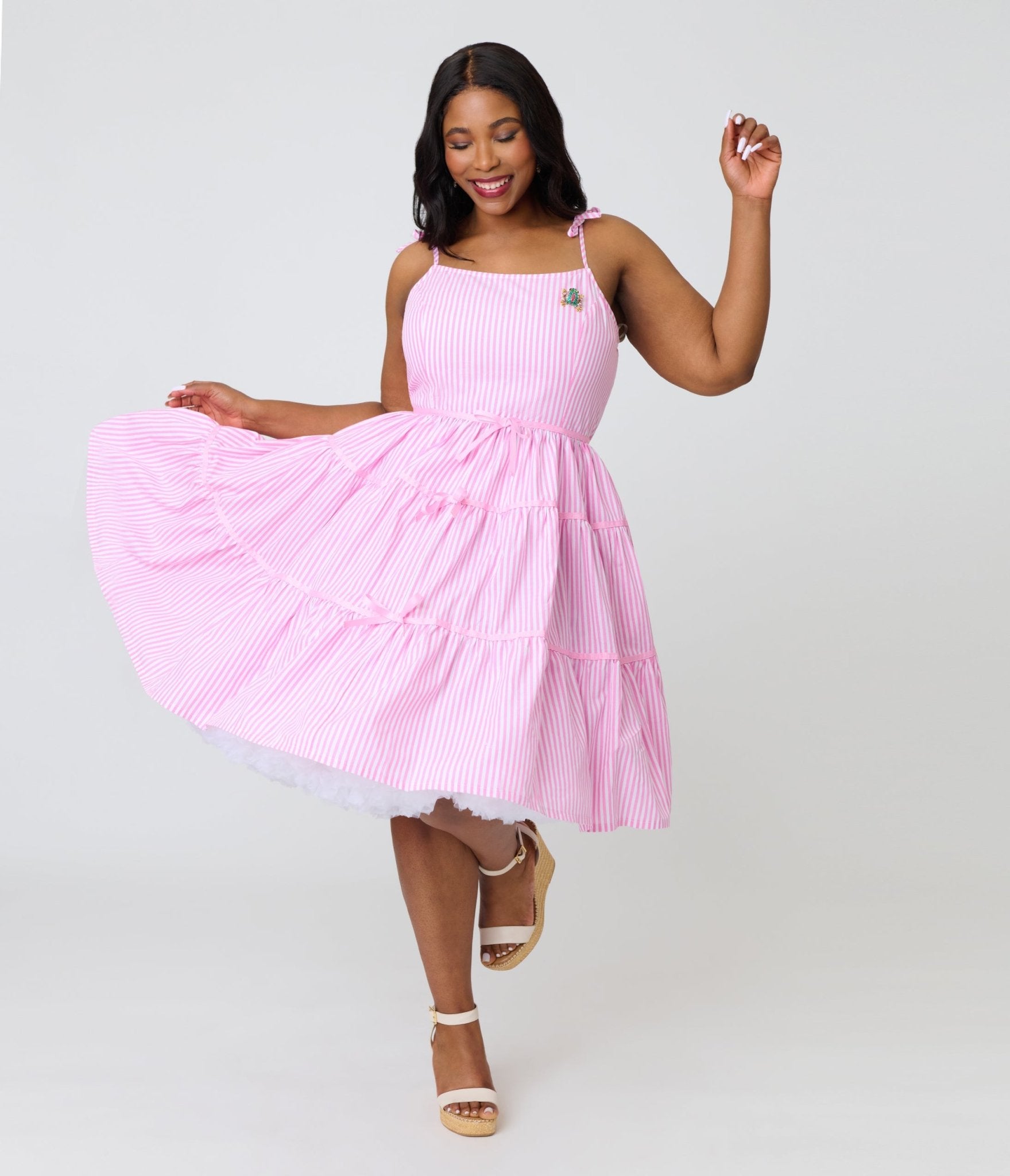 Unique Vintage Plus Size Pink Stripes & Frog Brooch Tiered Swing Dress - Unique Vintage - Womens, DRESSES, SWING