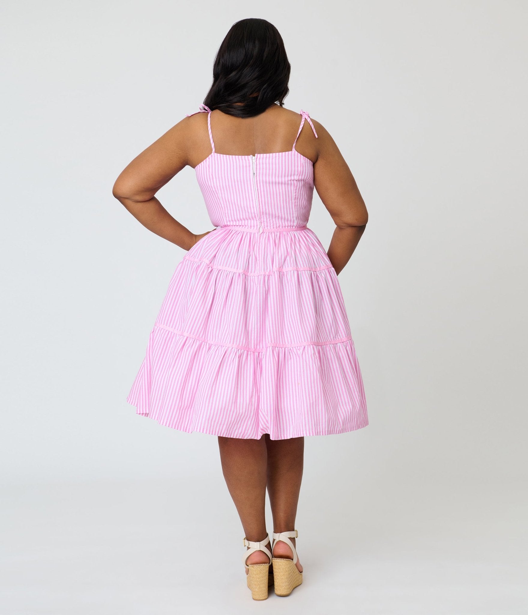 Unique Vintage Plus Size Pink Stripes & Frog Brooch Tiered Swing Dress - Unique Vintage - Womens, DRESSES, SWING