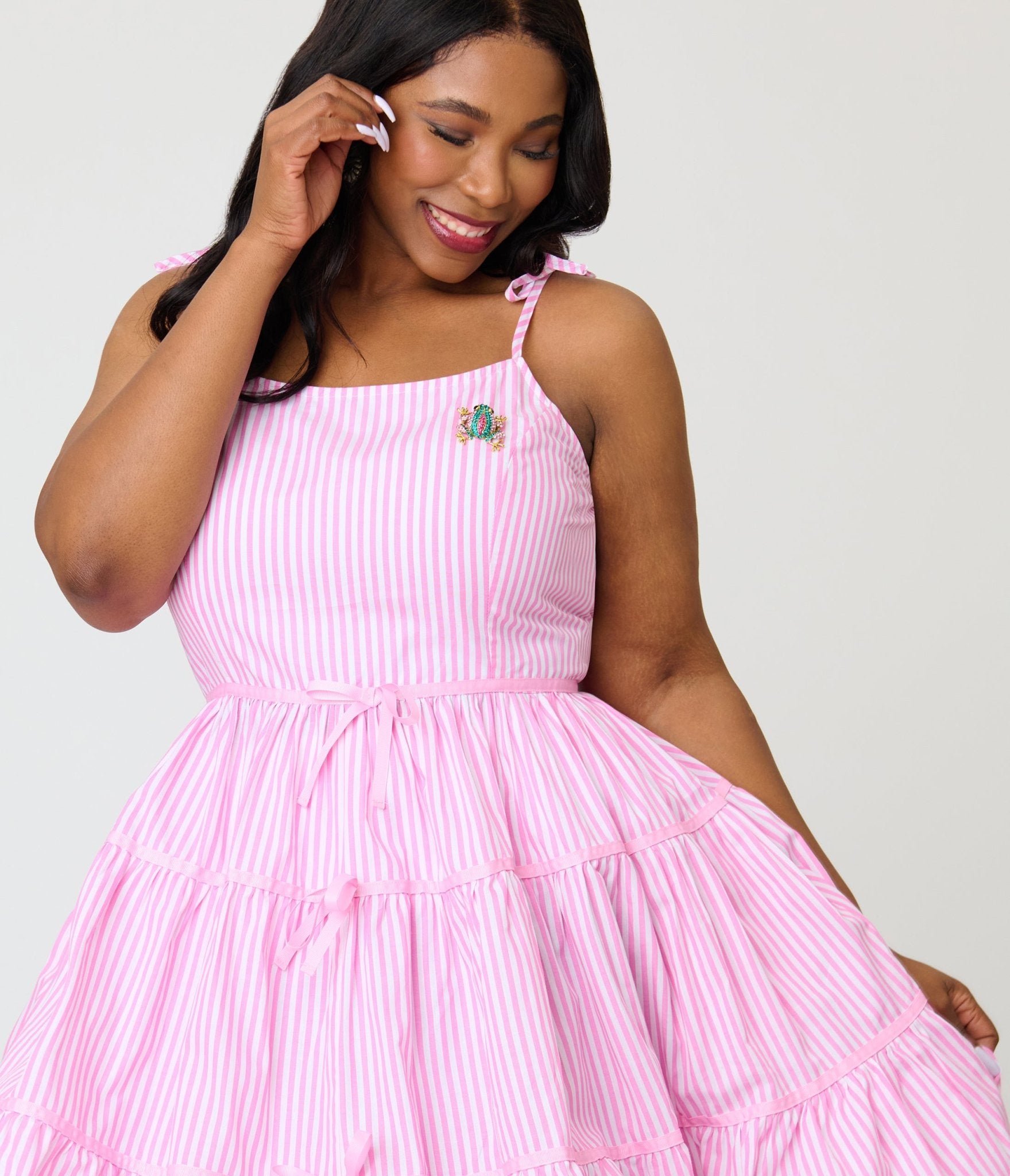 Unique Vintage Plus Size Pink Stripes & Frog Brooch Tiered Swing Dress Unique Vintage Plus Size Pink Stripes & Frog Brooch Tiered Swing Dress