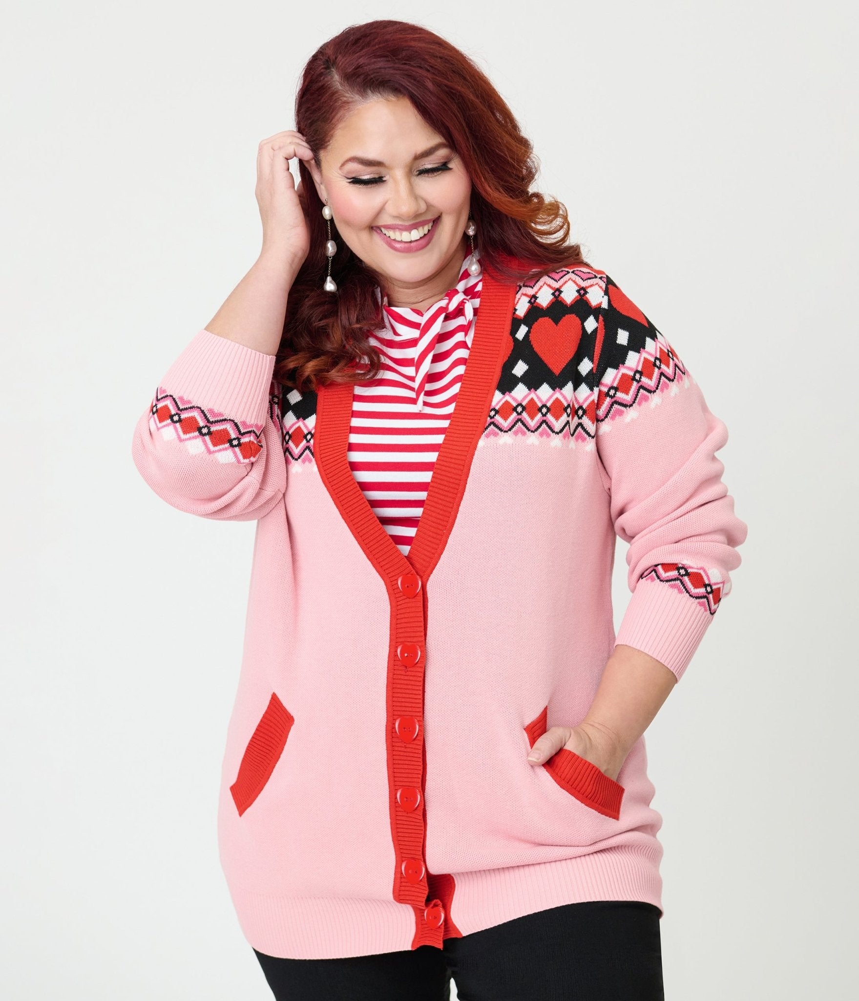 Unique Vintage Plus Size Pink Valentine Fair Isle Button Cardigan
