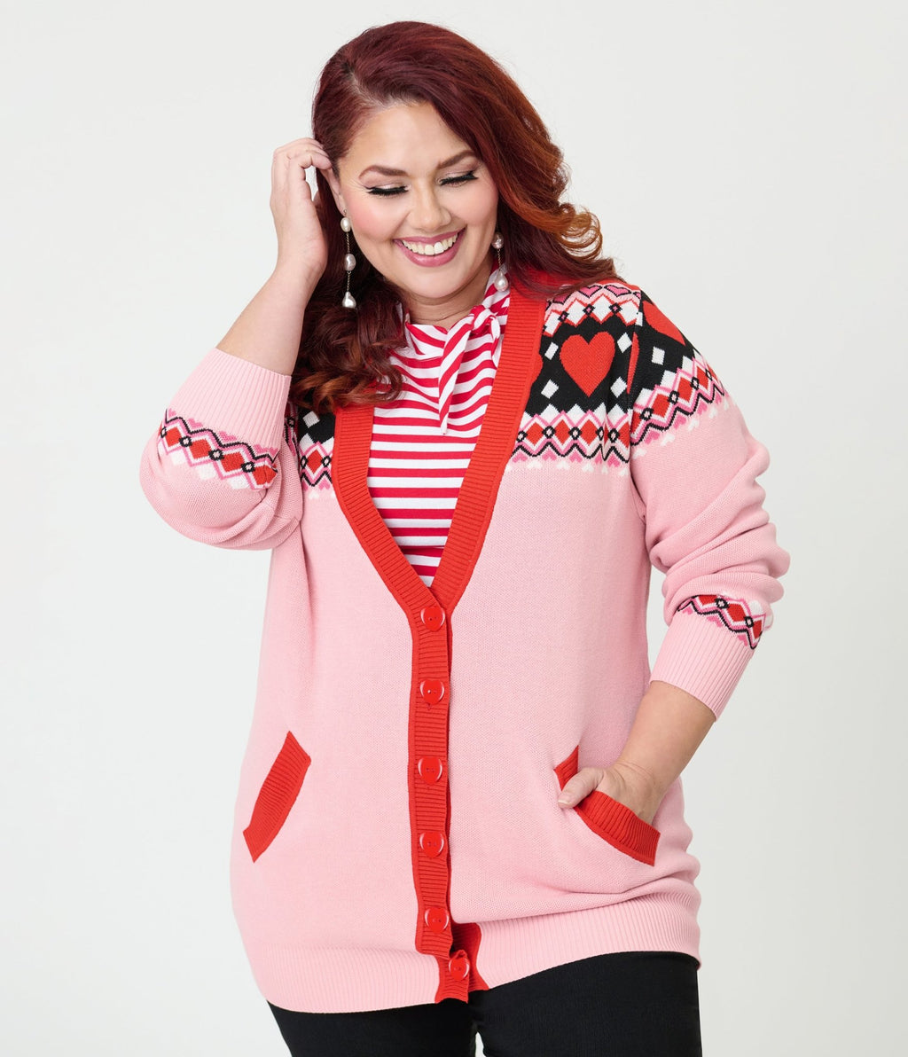 Unique Vintage Plus Size Pink Valentine Fair Isle Button Cardigan - Unique Vintage - Womens, TOPS, SWEATERS