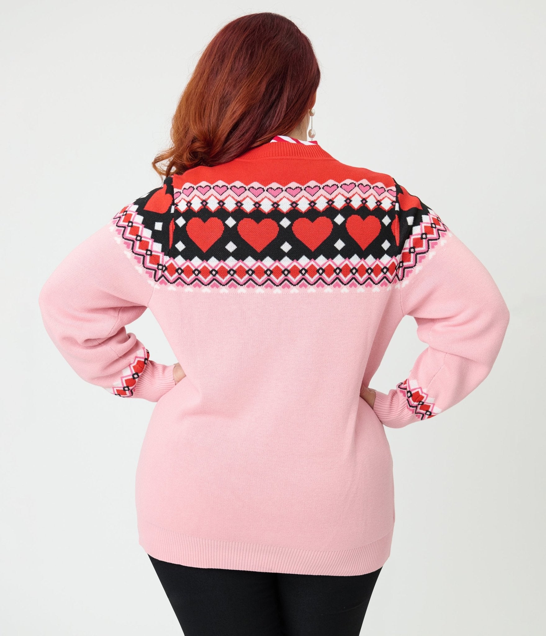 Unique Vintage Plus Size Pink Valentine Fair Isle Button Cardigan