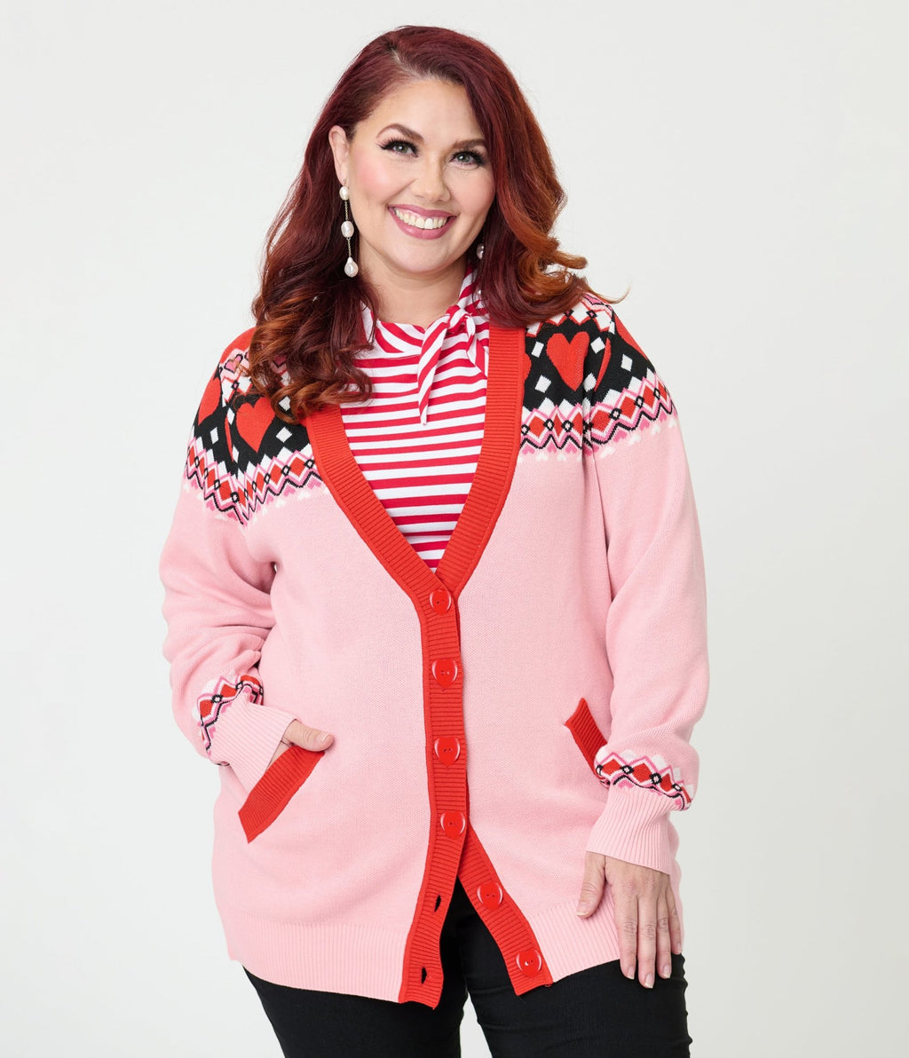Unique Vintage Plus Size Pink Valentine Fair Isle Button Cardigan - Unique Vintage - Womens, TOPS, SWEATERS