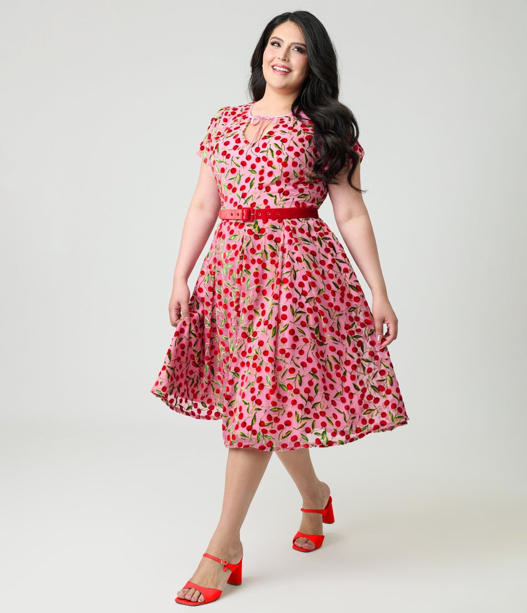 Unique Vintage Plus Size Pink Velvet Cherries Dahlia Swing Dress - Unique Vintage - Womens, DRESSES, SWING