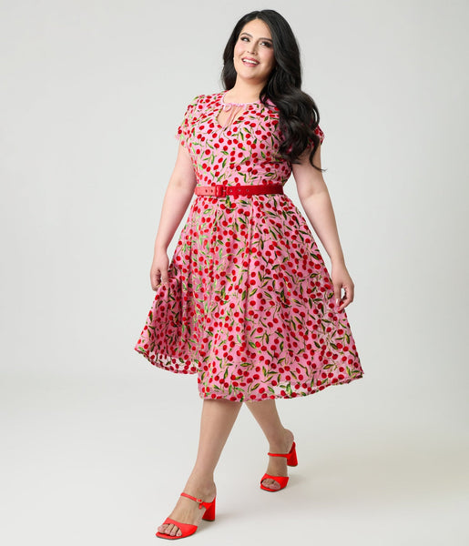 Unique Vintage Plus Size Pink Velvet Cherries Dahlia Swing Dress