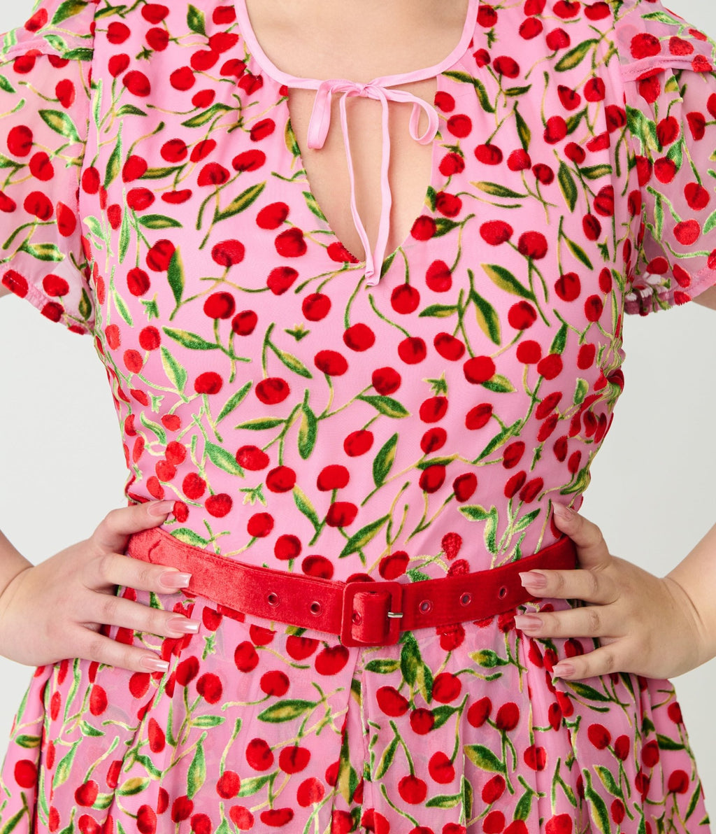Unique Vintage Plus Size Pink Velvet Cherries Dahlia Swing Dress - Unique Vintage - Womens, DRESSES, SWING