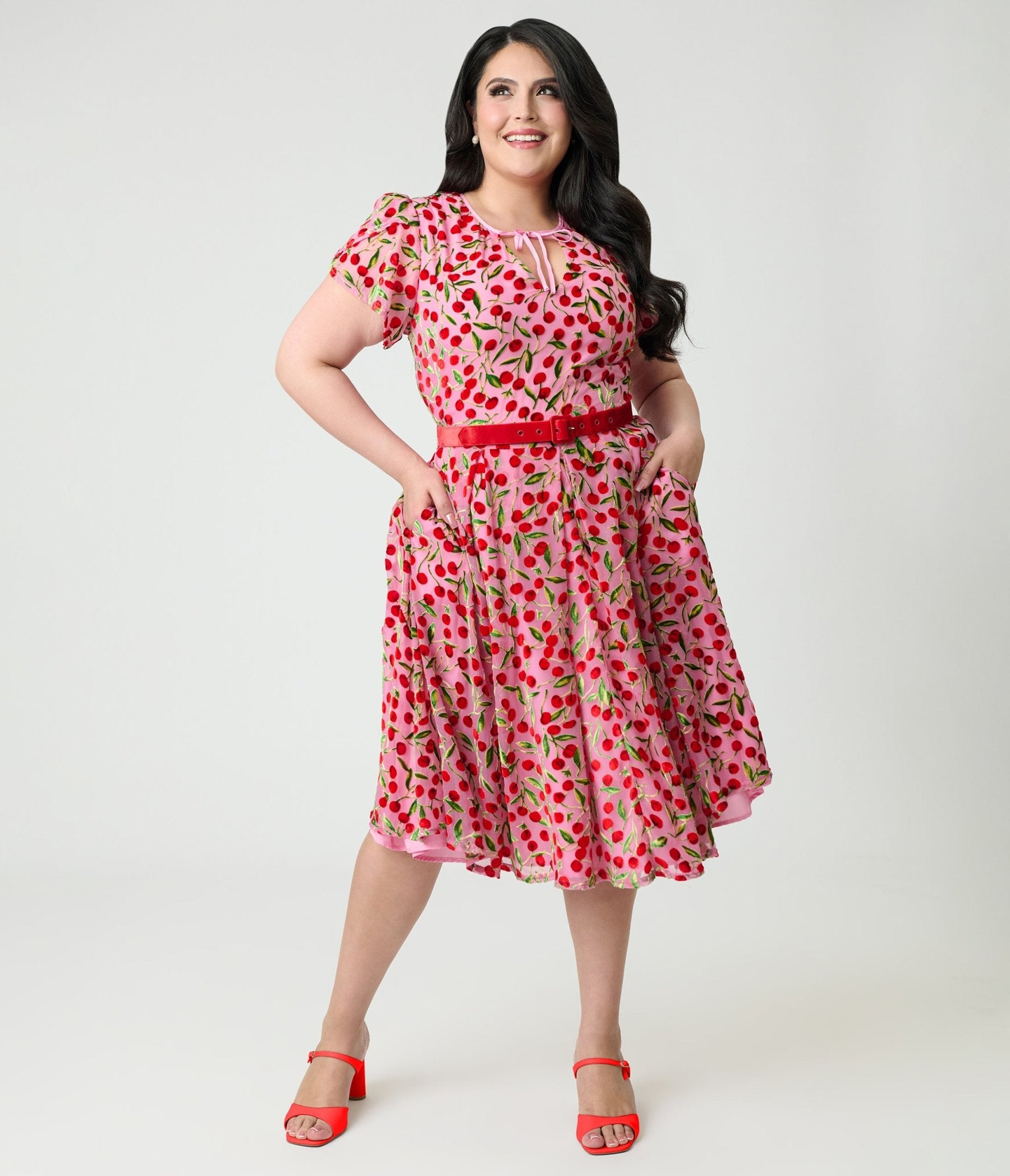 Unique Vintage Plus Size Pink Velvet Cherries Dahlia Swing Dress - Unique Vintage - Womens, DRESSES, SWING