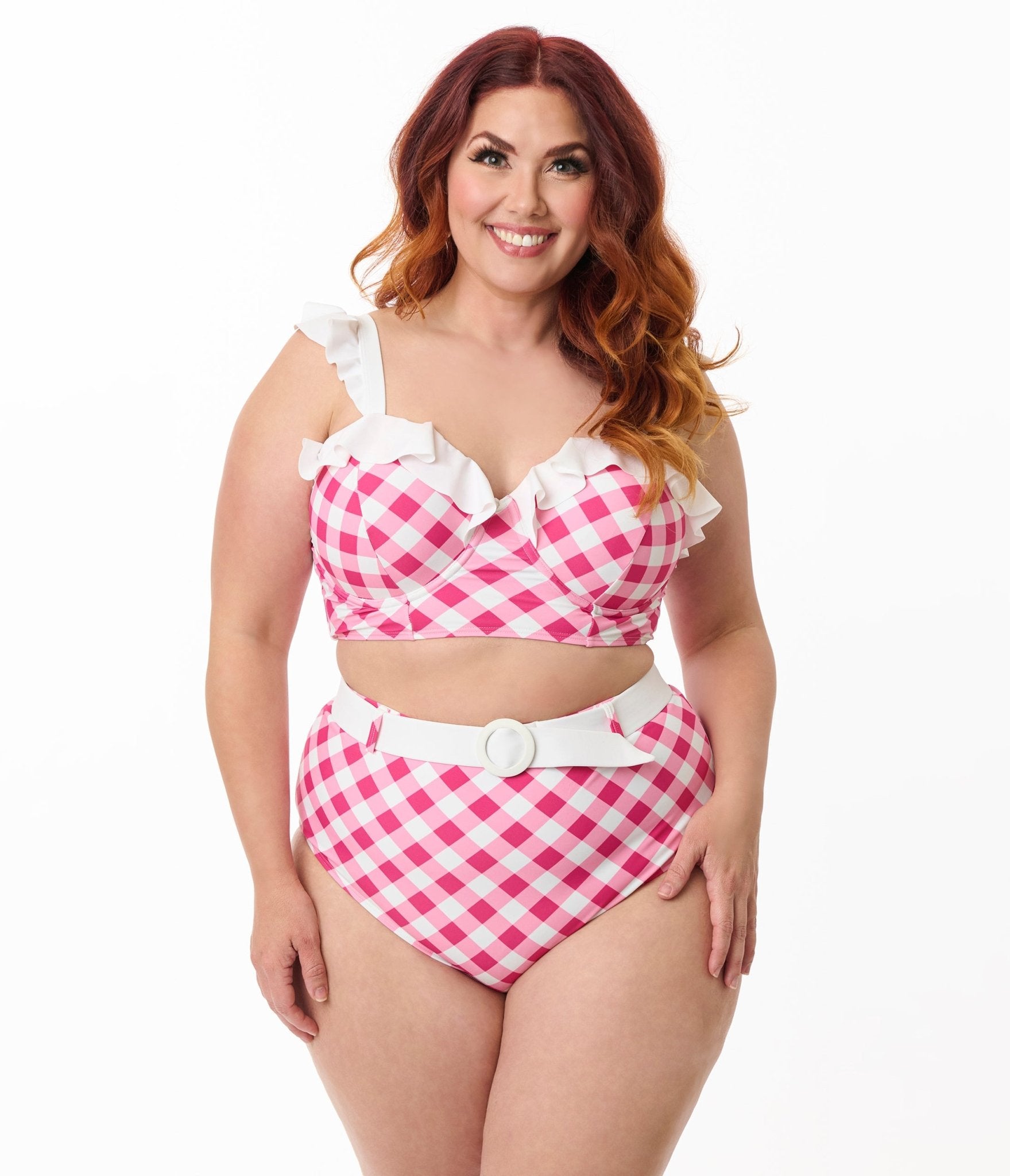 Unique Vintage Plus Size Pink & White Gingham Belted Redondo Swim Bottoms - Unique Vintage - Womens, SWIM, BOTTOM
