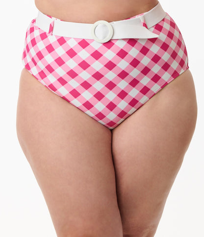 Unique Vintage Plus Size Pink & White Gingham Belted Redondo Swim Bottoms - Unique Vintage - Womens, SWIM, BOTTOM