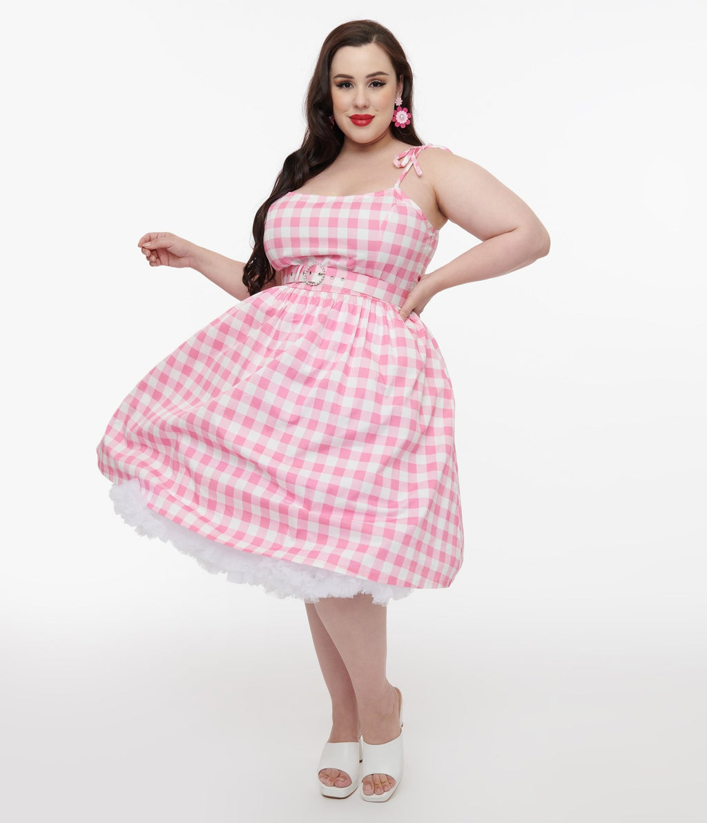 Unique Vintage Plus Size Pink White Gingham Bobbie Swing Dress