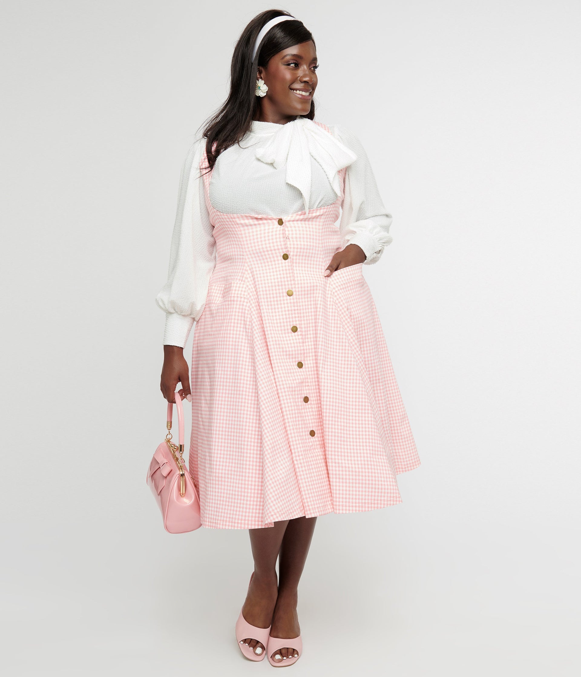 Unique Vintage Plus Size Pink & White Gingham Button Suspender Swing Skirt - Unique Vintage - Womens, BOTTOMS, SKIRTS