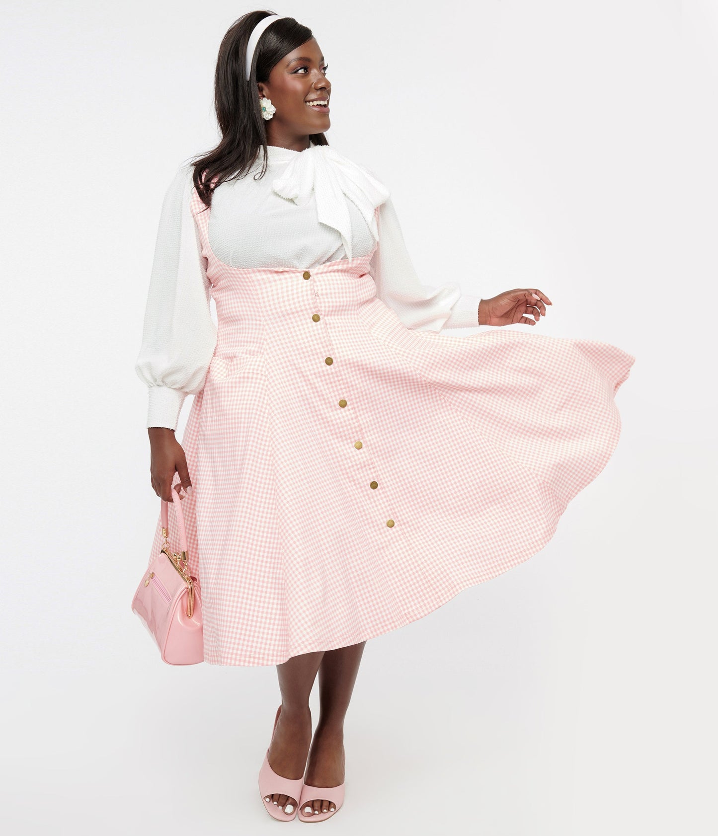 Unique Vintage Plus Size Pink & White Gingham Button Suspender Swing Skirt - Unique Vintage - Womens, BOTTOMS, SKIRTS