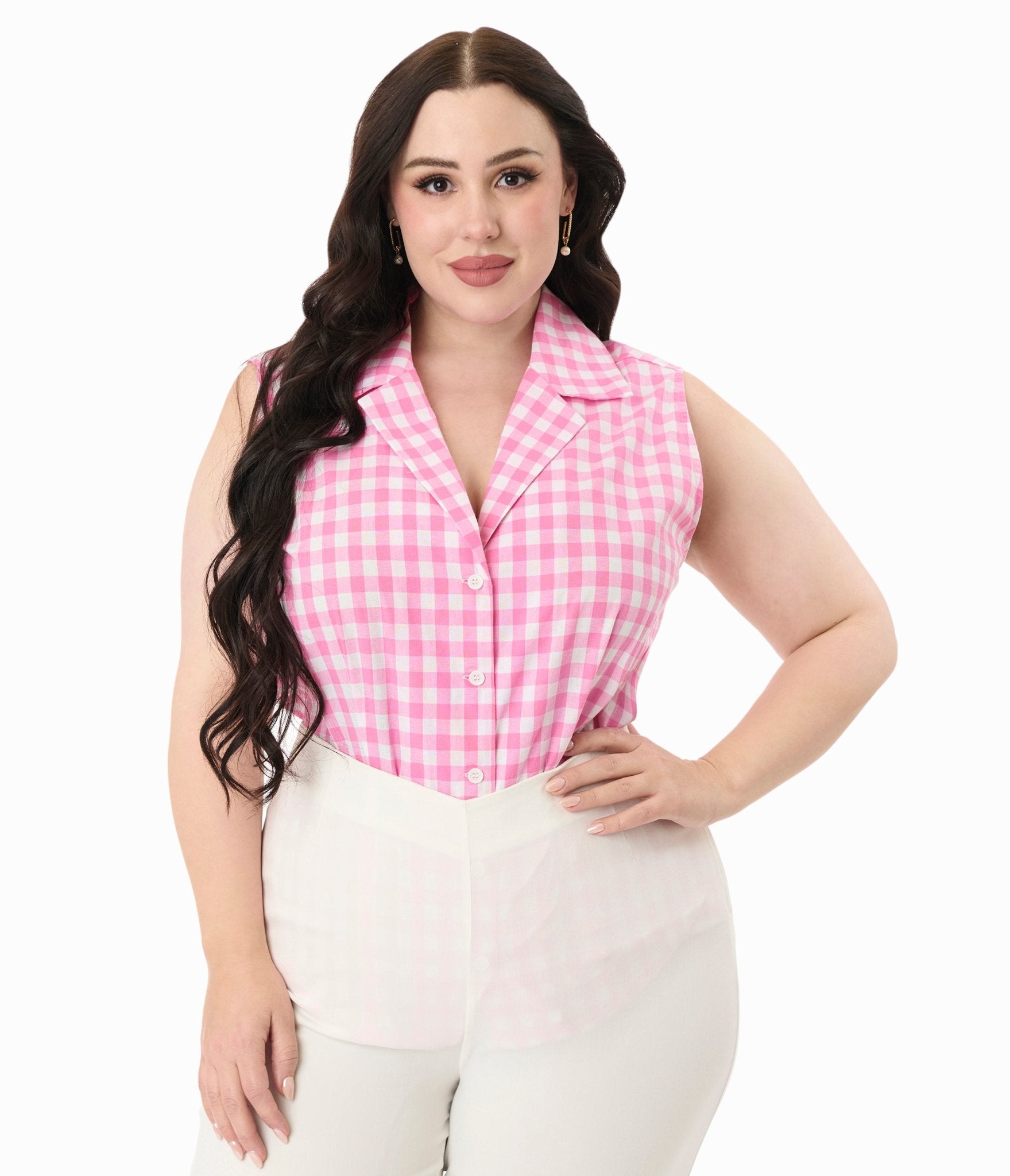 Unique Vintage Plus Size Pink & White Gingham Notched Collar Cotton Blouse - Unique Vintage - Womens, TOPS, WOVEN TOPS
