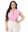 Unique Vintage Plus Size Pink & White Gingham Notched Collar Cotton Blouse