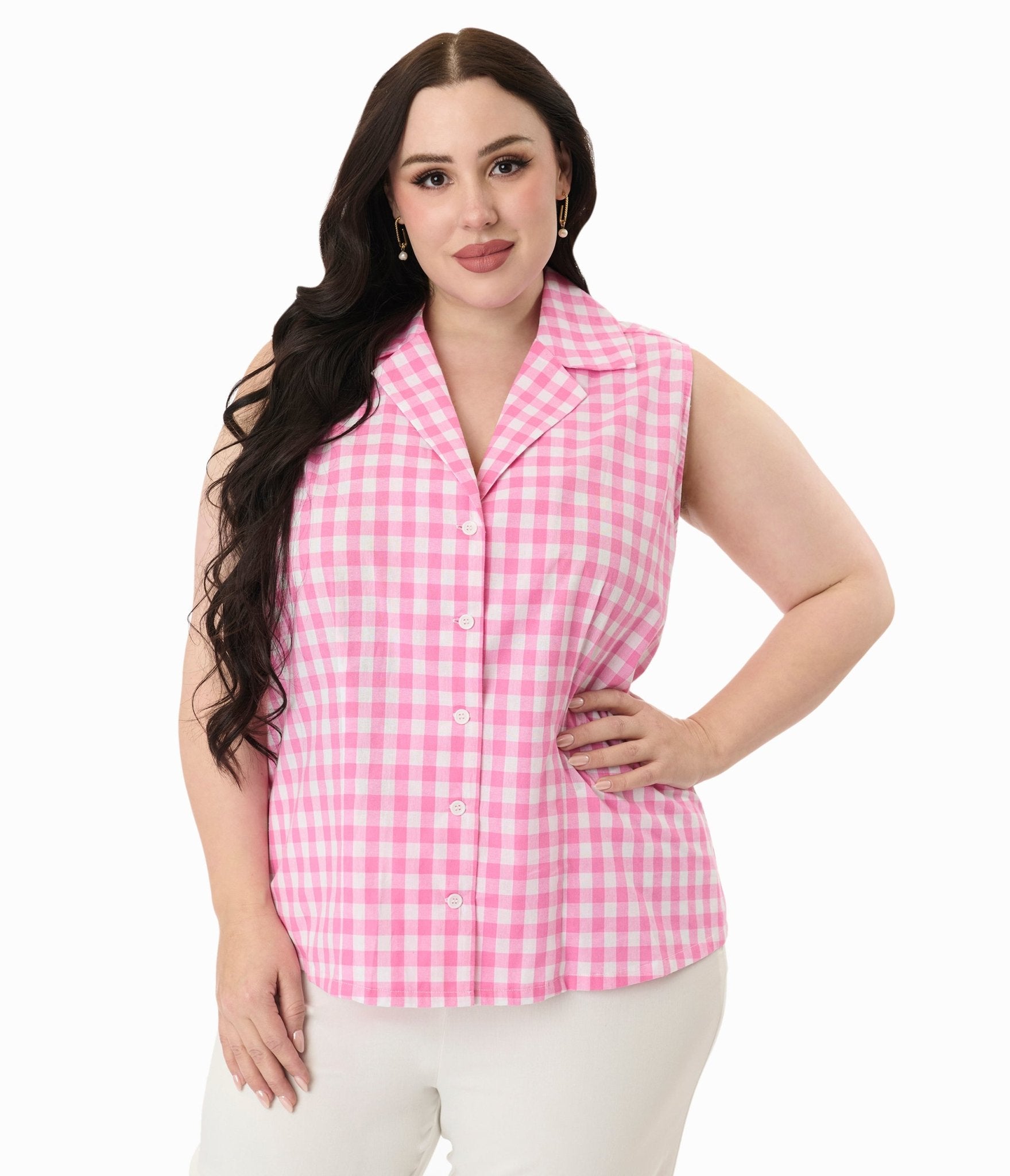 Unique Vintage Plus Size Pink & White Gingham Notched Collar Cotton Blouse - Unique Vintage - Womens, TOPS, WOVEN TOPS