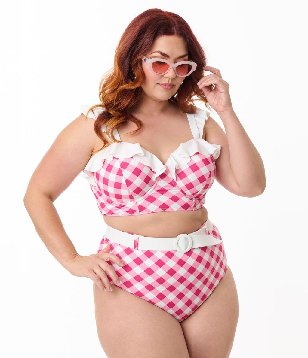 Unique Vintage Plus Size Pink & White Gingham Southampton Swim Top - Unique Vintage - Womens, SWIM, TOP