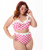 Unique Vintage Plus Size Pink & White Gingham Southampton Swim Top - Unique Vintage - Womens, SWIM, TOP