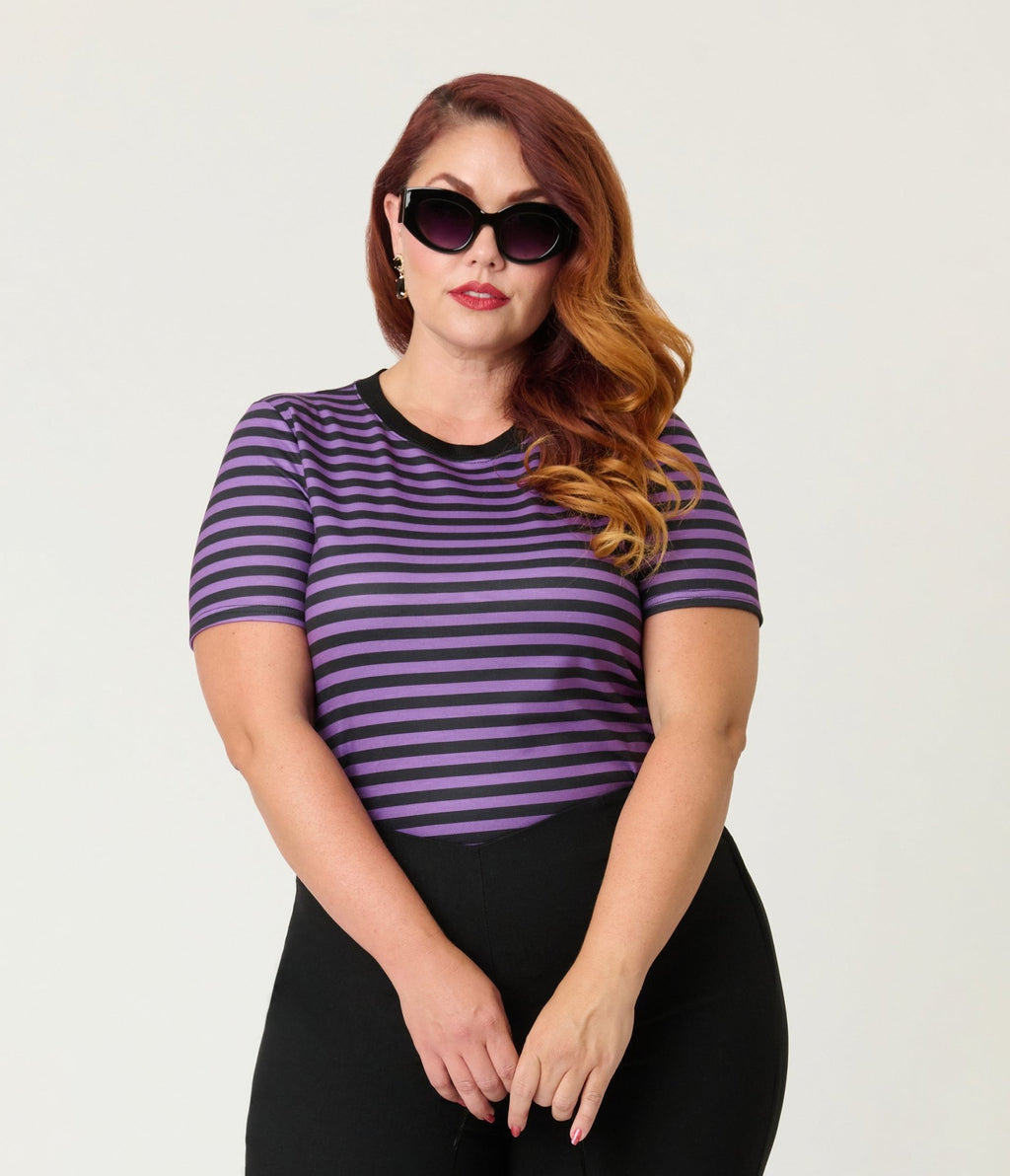 Unique Vintage Plus Size Purple & Black Stripe Back To Basics Top - Unique Vintage - Womens, TOPS, KNIT TOPS