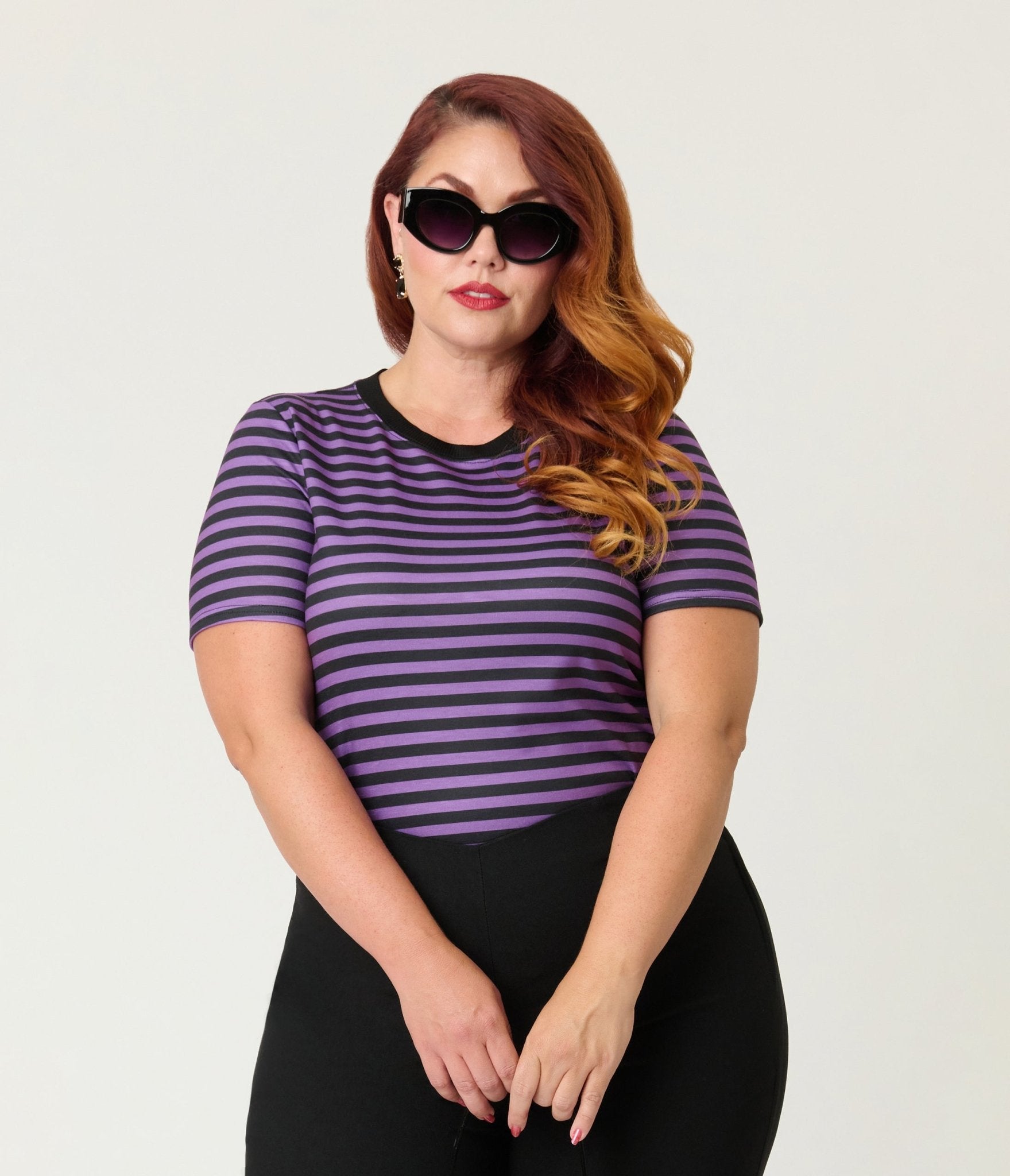 Unique Vintage Plus Size Purple & Black Stripe Back To Basics Top - Unique Vintage - Womens, TOPS, KNIT TOPS