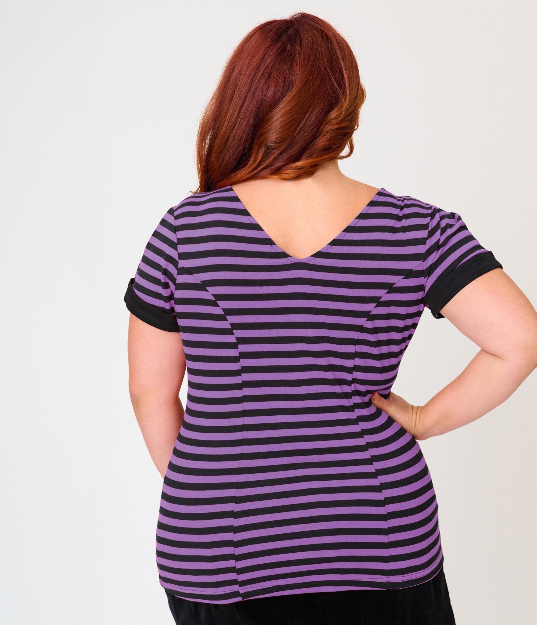 Unique Vintage Plus Size Purple & Black Stripe V-Neck Bow Top - Unique Vintage - Womens, TOPS, KNIT TOPS