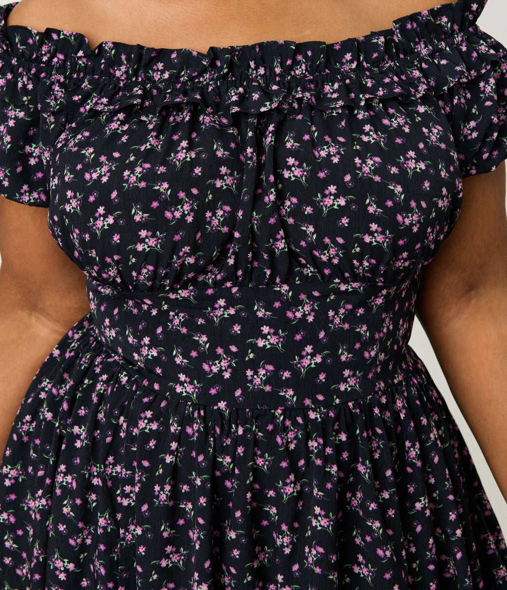 Unique Vintage Plus Size Purple Ditzy Off The Shoulder Ruffle Swing Dress - Unique Vintage - Womens, DRESSES, SWING