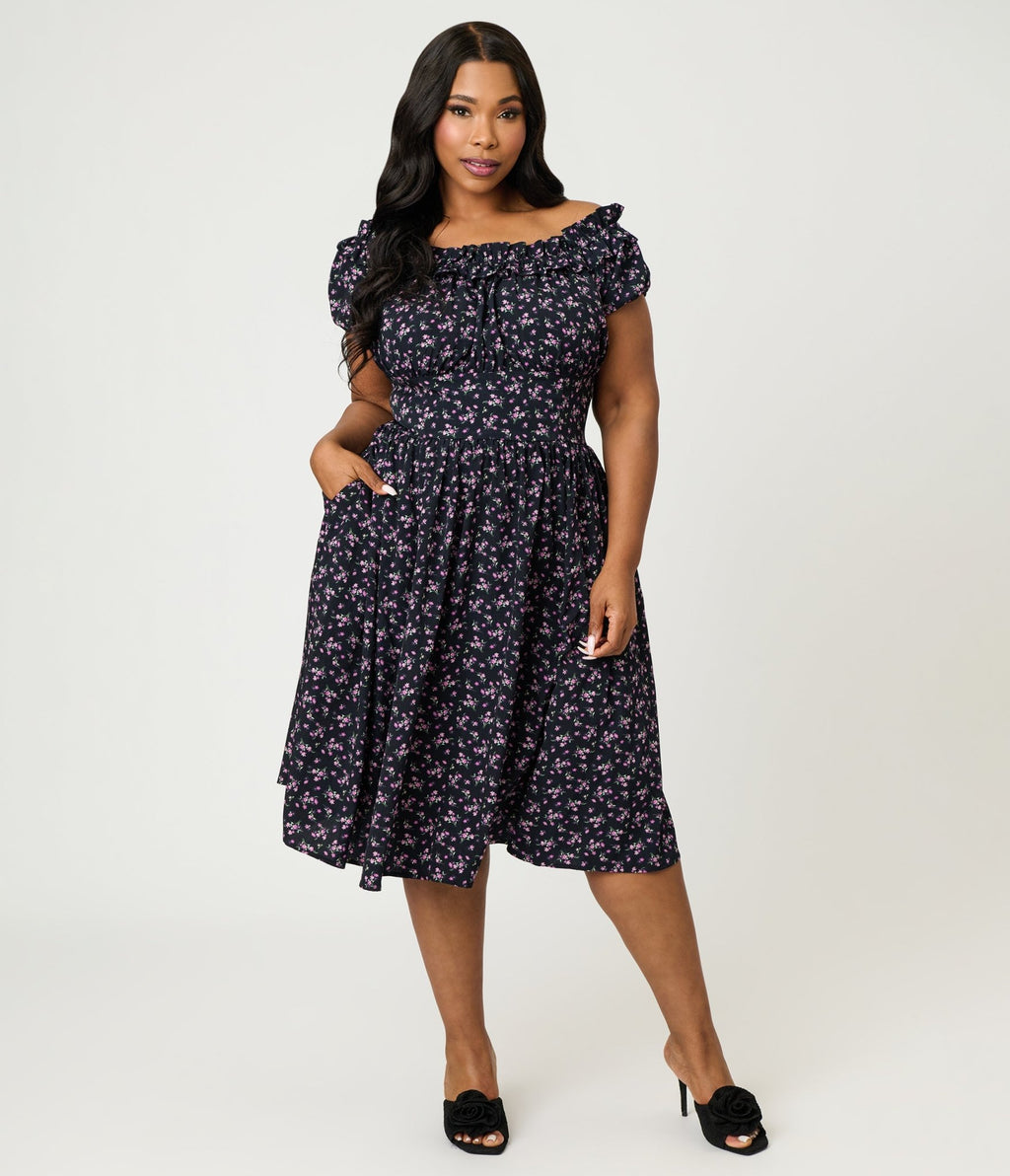 Unique Vintage Plus Size Purple Ditzy Off The Shoulder Ruffle Swing Dress - Unique Vintage - Womens, DRESSES, SWING