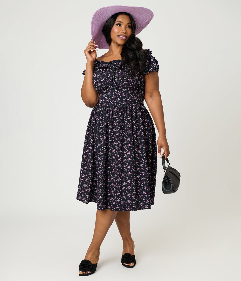 Unique Vintage Plus Size 1950s Off The Shoulder Ruffle Swing Dress